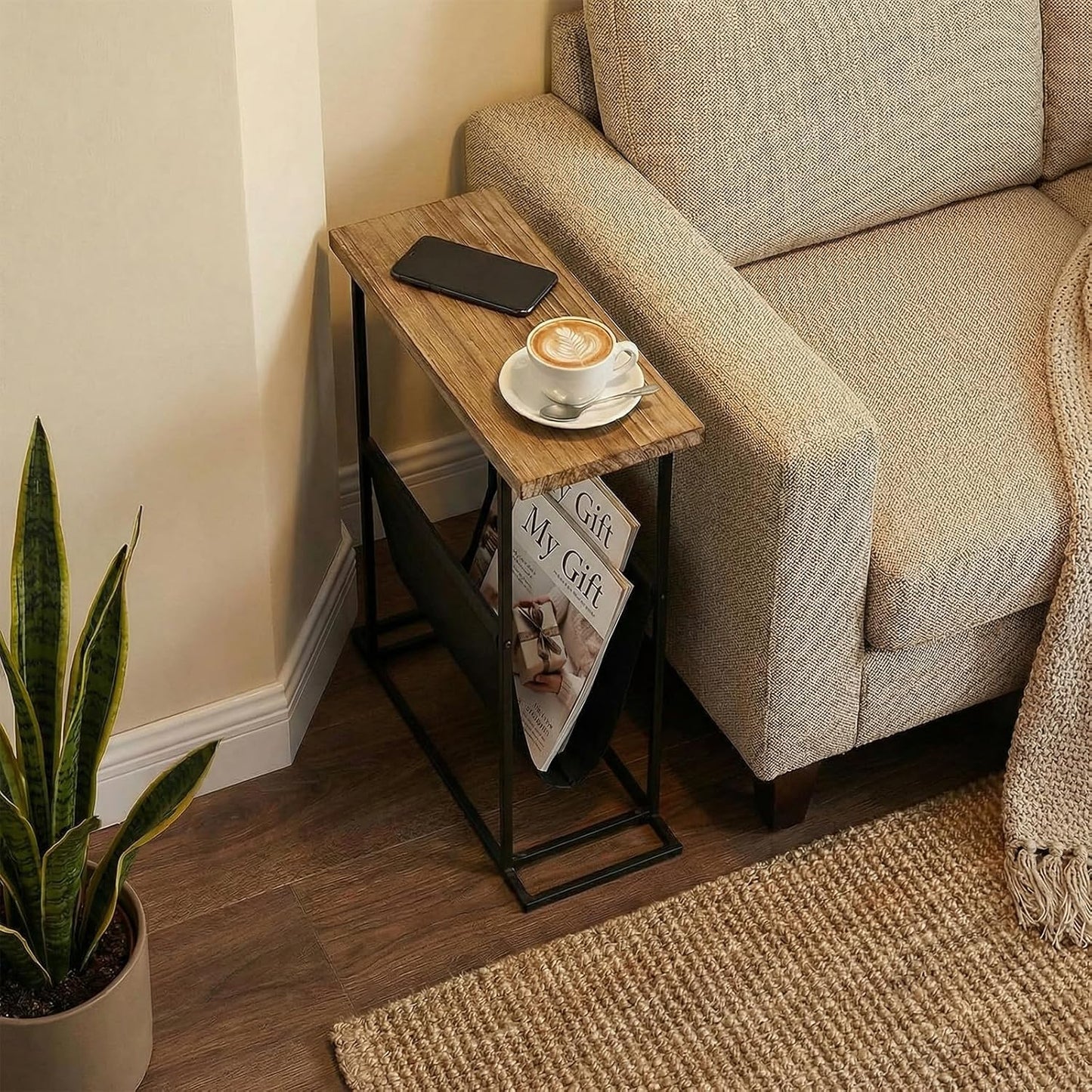 21-Inch MyGift Modern Narrow Living Room End Table with Solid Burnt Wood Tabletop and Black Metal Frame, Bedroom
