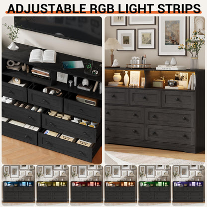IDEALHOUSE Dresser for Bedroom with 7 Drawers, LED Lights & Charging Station, Wooden Chest with 2 Open Compartments, Freestanding Storage Organizer for Closet, Nursery, Entryway, Black