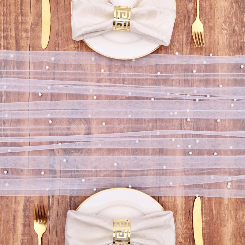 TuTive Gauze White Pearl Table Runner 10FT Sheer Spring Summer Pearl 120 Inch Valentine’s Day Tulle Table Runner for Dining Anniversary Wedding Table Decor for Home Party Decorations
