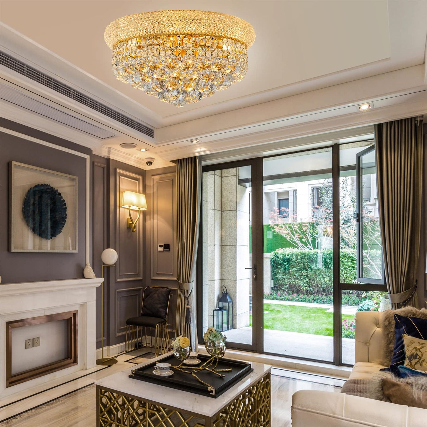 Homeooze 7 - Light Flush Mount Crystal Chandelier for Living Room Dining Room Entryway Hallway Bedroom Foyer Gold Finish