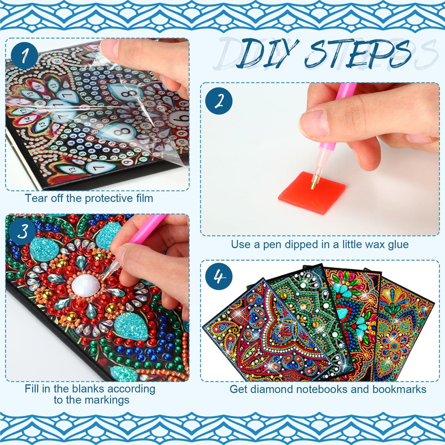 Skyygemm 16 Pcs Diamond Painting Kits for Women 5d Mandala Diamond Painting Notebook Art Bookmarks Rhinestone Pen and Organza Bags with Tools DIY Gem Dots Crafts for Adults Sketchbook Supplies