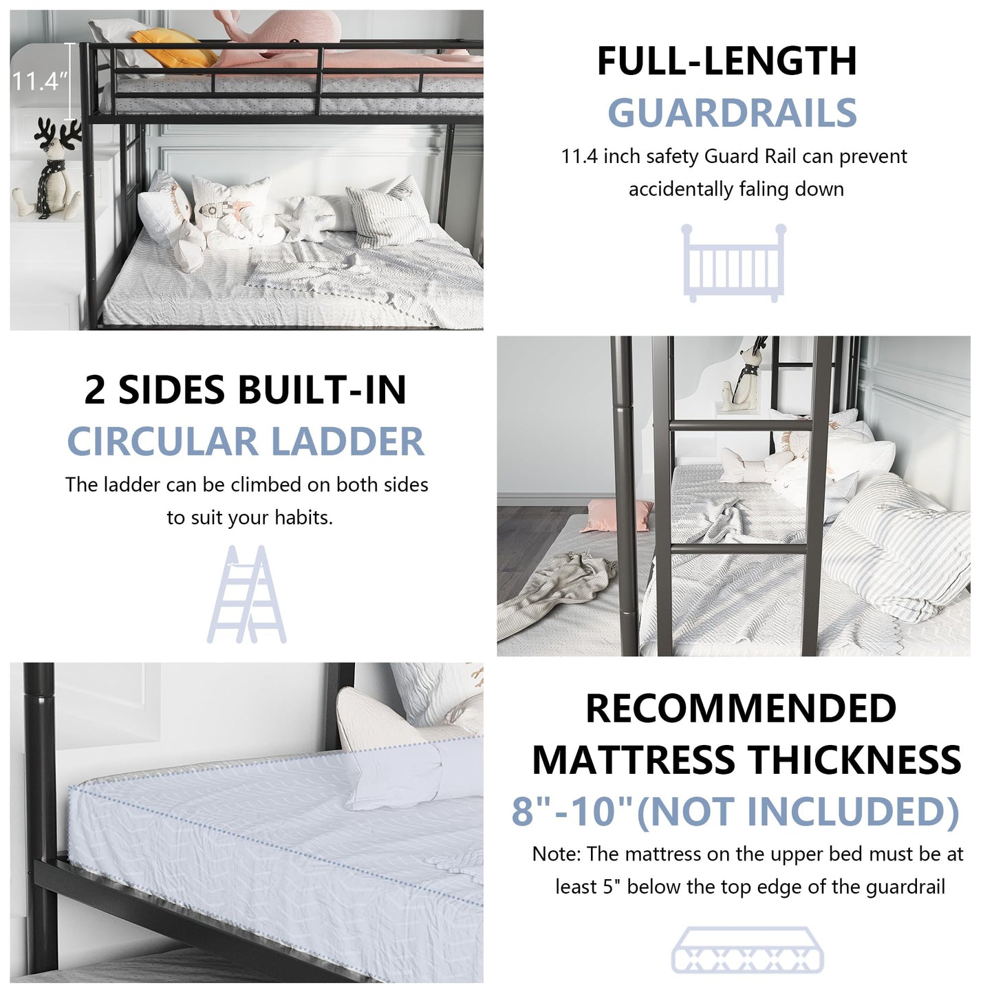SUNLEI Metal Bunk Beds with Double Secured Ladders, Twin Bunk Bed with Surrounded Safety Guardrails, Space Saver Twin Beds, Noise Free for Small Bedroom, with Trundle Function, Solid Black