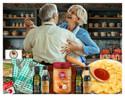 Imported Italian Dinner for Two Meal Kit - Sun-Dried Tomato Pesto, Spicy Arrabbiata Pesto, Pasta, Seasonings and Sweets Gift Box