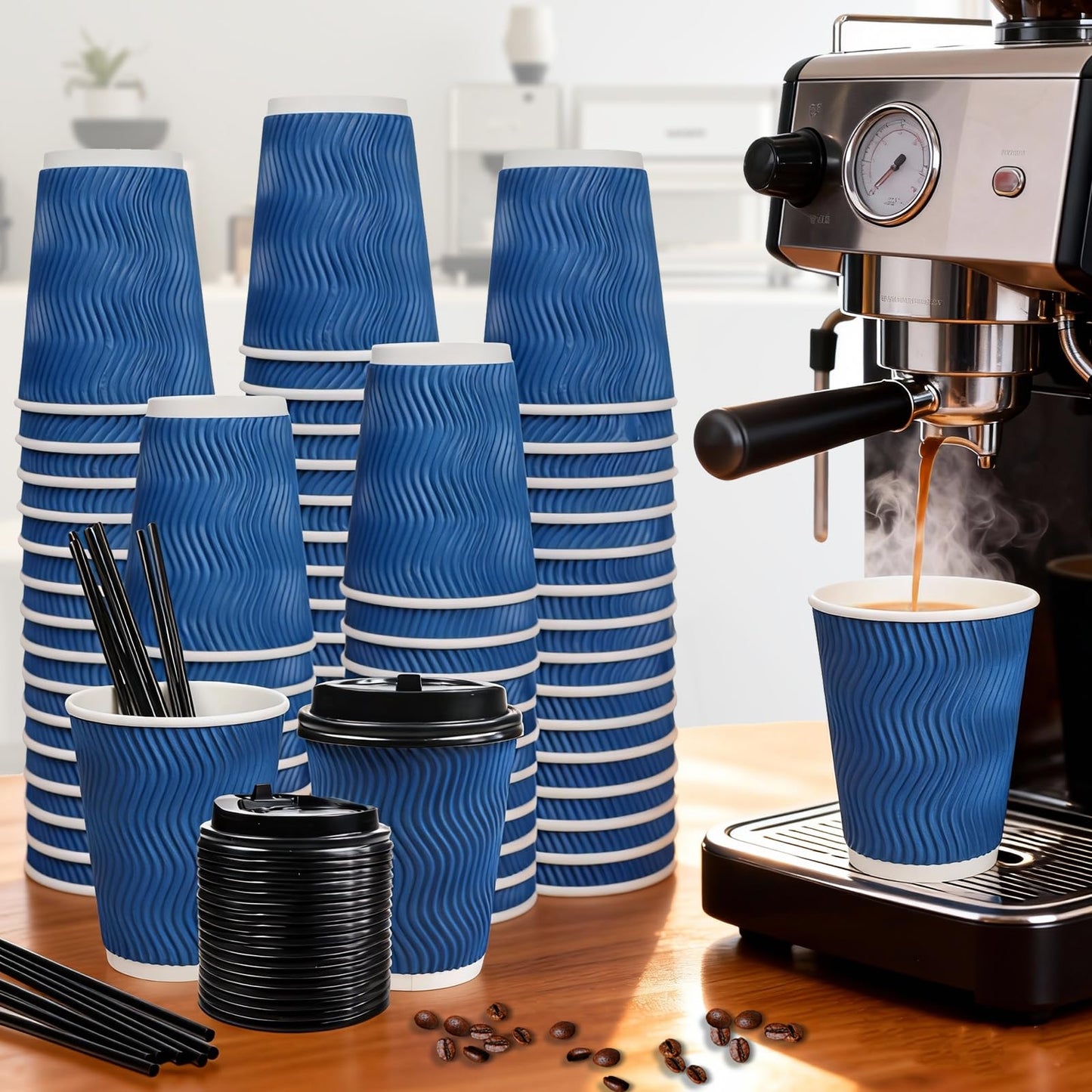 RAZCC Coffee Cups, 100 Pack 12 oz Disposable Blue Insulated Paper Cups, Corrugated Kraft Ripple Wall Cup, Comes With Lids and Straws, Suitable for Hot and Cold Drinks