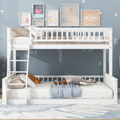 GDFStudio Twin XL Over Queen Bunk Bed with Ladder & Guardrails, Convertible Stacked or Separate Beds, Modern Space Saving Bed Frame, Bedroom Storage Solution, Solid Pine Wood Frame, White
