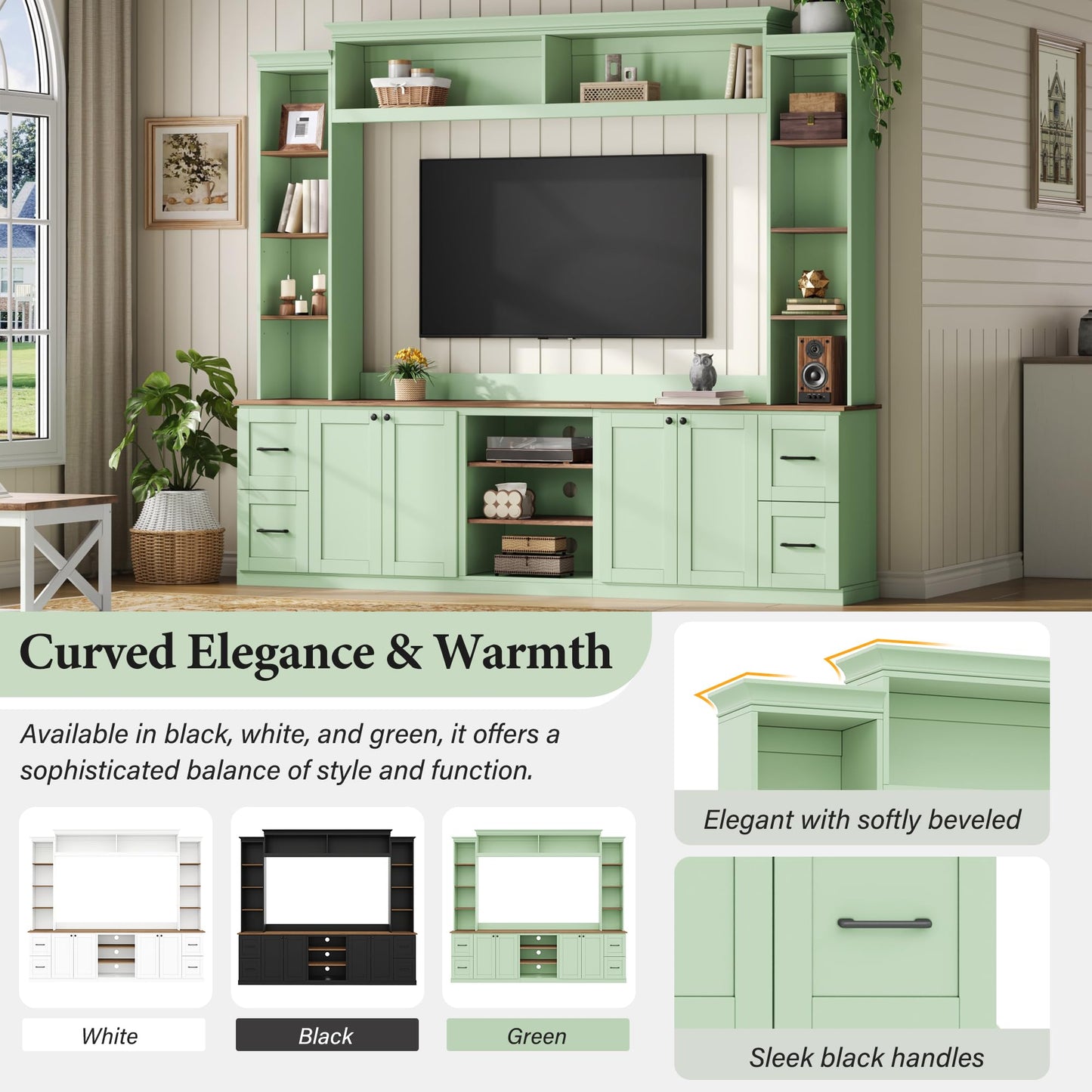 Ball & Cast 94.8" Entertainment Center Wall Unit with Bookshelf for TVs Up to 70",Farmhouse Large TV Stand with Walnut Adjustable Shelves,Retro Media Console with 4 Drawers for Living Room,Mint Green