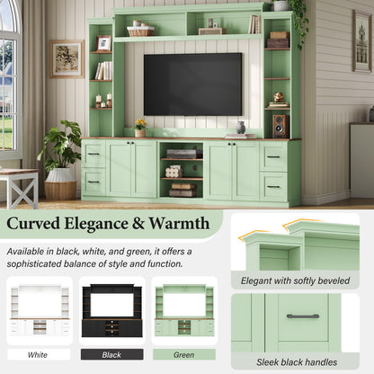Ball & Cast 94.8" Entertainment Center Wall Unit with Bookshelf for TVs Up to 70",Farmhouse Large TV Stand with Walnut Adjustable Shelves,Retro Media Console with 4 Drawers for Living Room,Mint Green