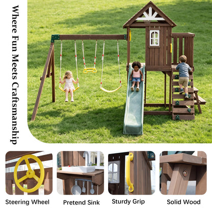 Wooden Swing Set with 2 Swings, Wave Slide, Play Deck, Climbing Wall & Trapeze Rings - Outdoor Backyard Playset for Kids - Heavy Duty Wooden Jungle Gym