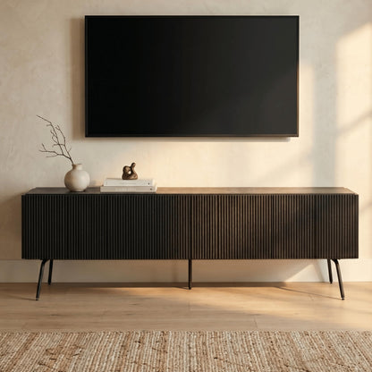 NTC Veil TV Stand with 4 Doors for TVs up to 75’’, Media Console with Vertical Groove Design and Metal Legs, Modern Entertainment Center for Living Room and Bedroom, Effortless Assembly, Burnt Black