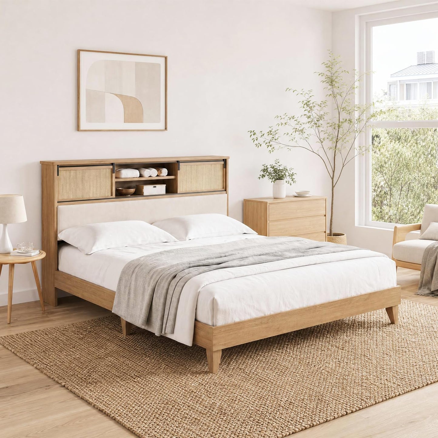 GarveeHome Queen Size Solid Wood Bed Frame with Storage Headboard, Rattan Upholstered Bookcase Headboard with Sliding Doors & Charging Station, No Bos Spring Needed