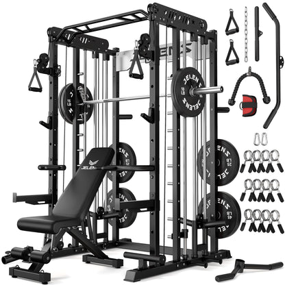 JELENS Smith Machine for Home Gym, Multi-Function M12 Power Cage, Squat Rack with Smith Bar and More Attachment (Black, 190LB Black Weights Package)