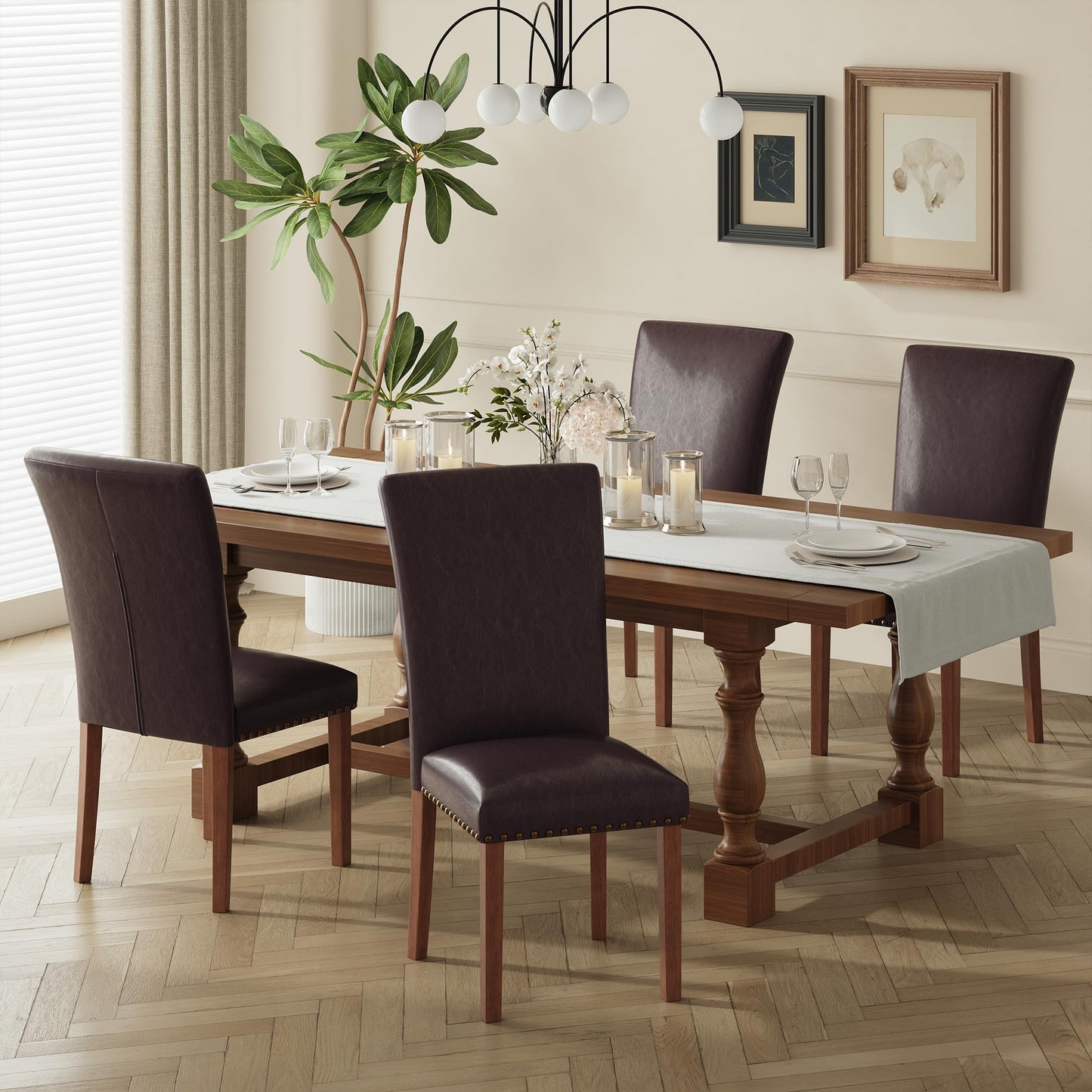 COLAMY Upholstered Parsons Dining Chairs Set of 4, PU Leather Dining Room Kitchen Side Chair with Nailhead Trim and Wood Legs - Dark Brown