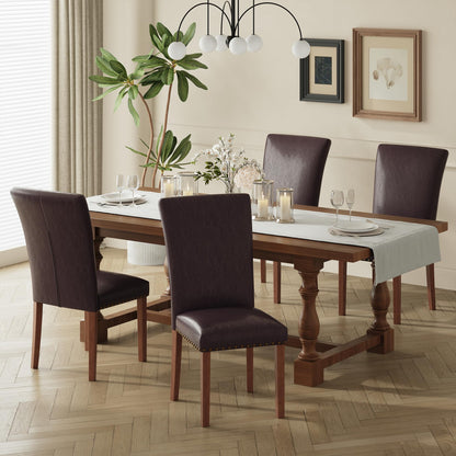 COLAMY Upholstered Parsons Dining Chairs Set of 4, PU Leather Dining Room Kitchen Side Chair with Nailhead Trim and Wood Legs - Dark Brown