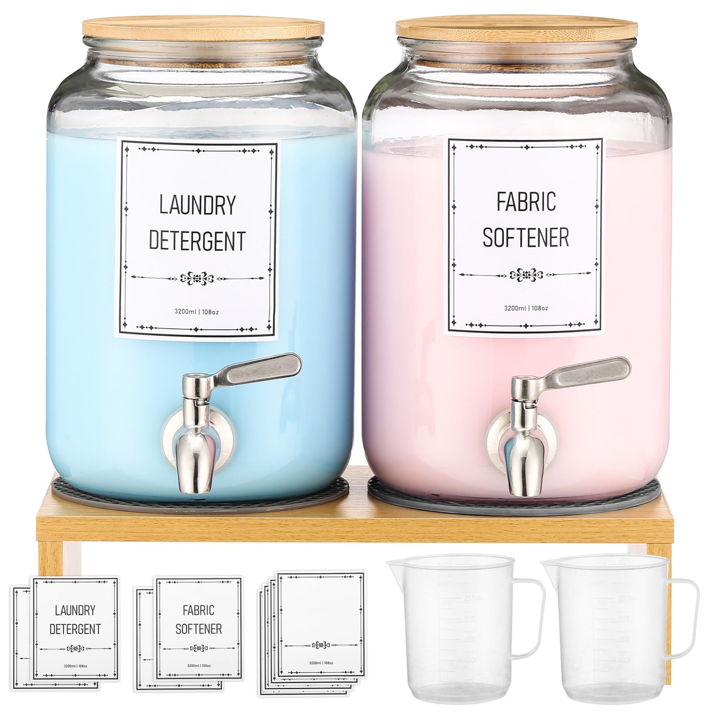 Laundry Detergent Dispenser. 0.9 Gallon Glass Laundry Soap Liquid Laundry Detergent Dispense. Fabric Softener Dispenser With Stand and Bamboo Lid. Laundry Room Organization and Storage