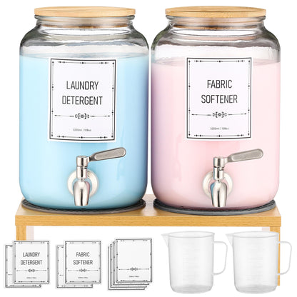 Laundry Detergent Dispenser. 0.9 Gallon Glass Laundry Soap Liquid Laundry Detergent Dispense. Fabric Softener Dispenser With Stand and Bamboo Lid. Laundry Room Organization and Storage