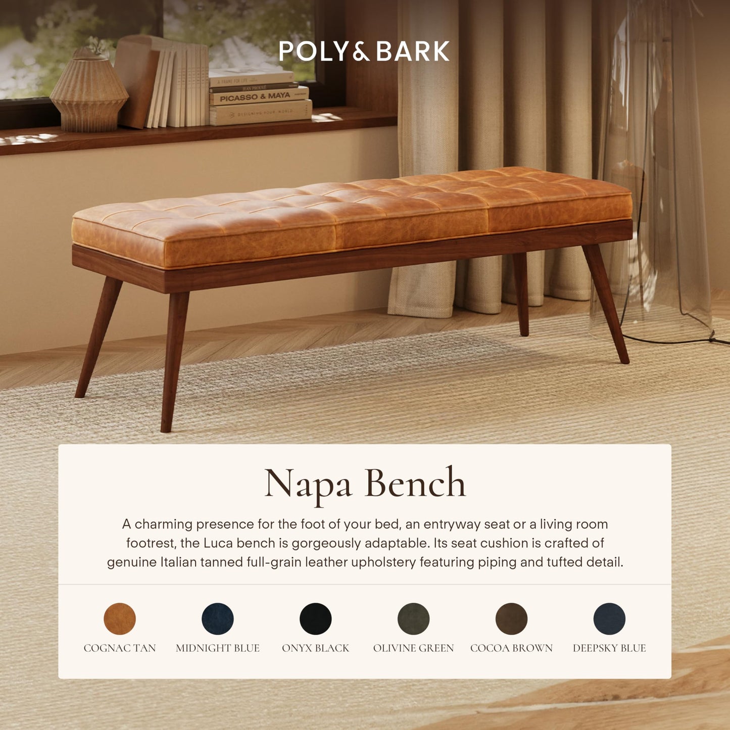 Poly & BARK 55" Tufted Leather Bed Bench for Bedroom End of Bed - Living Room Entry Way Bench - Pure Italian Leather Upholstery with a Solid Wood Frame - Ottoman Bench with Wooden Legs - Cognac Tan