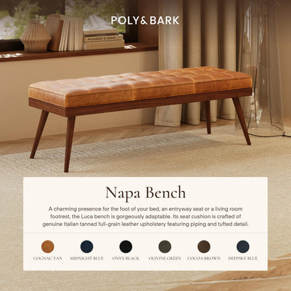 Poly & BARK 55" Tufted Leather Bed Bench for Bedroom End of Bed - Living Room Entry Way Bench - Pure Italian Leather Upholstery with a Solid Wood Frame - Ottoman Bench with Wooden Legs - Cognac Tan