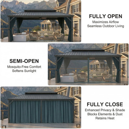 HOTEEL 10x15 Hardtop Gazebo with Flame-Retardant Curtain & Netting, Hot Tub Gazebo with Galvanized Steel Double Roof, Heavy Duty Permanent Pavilion Outdoor for Patio, Frame Thickened, Black(Upgraded)