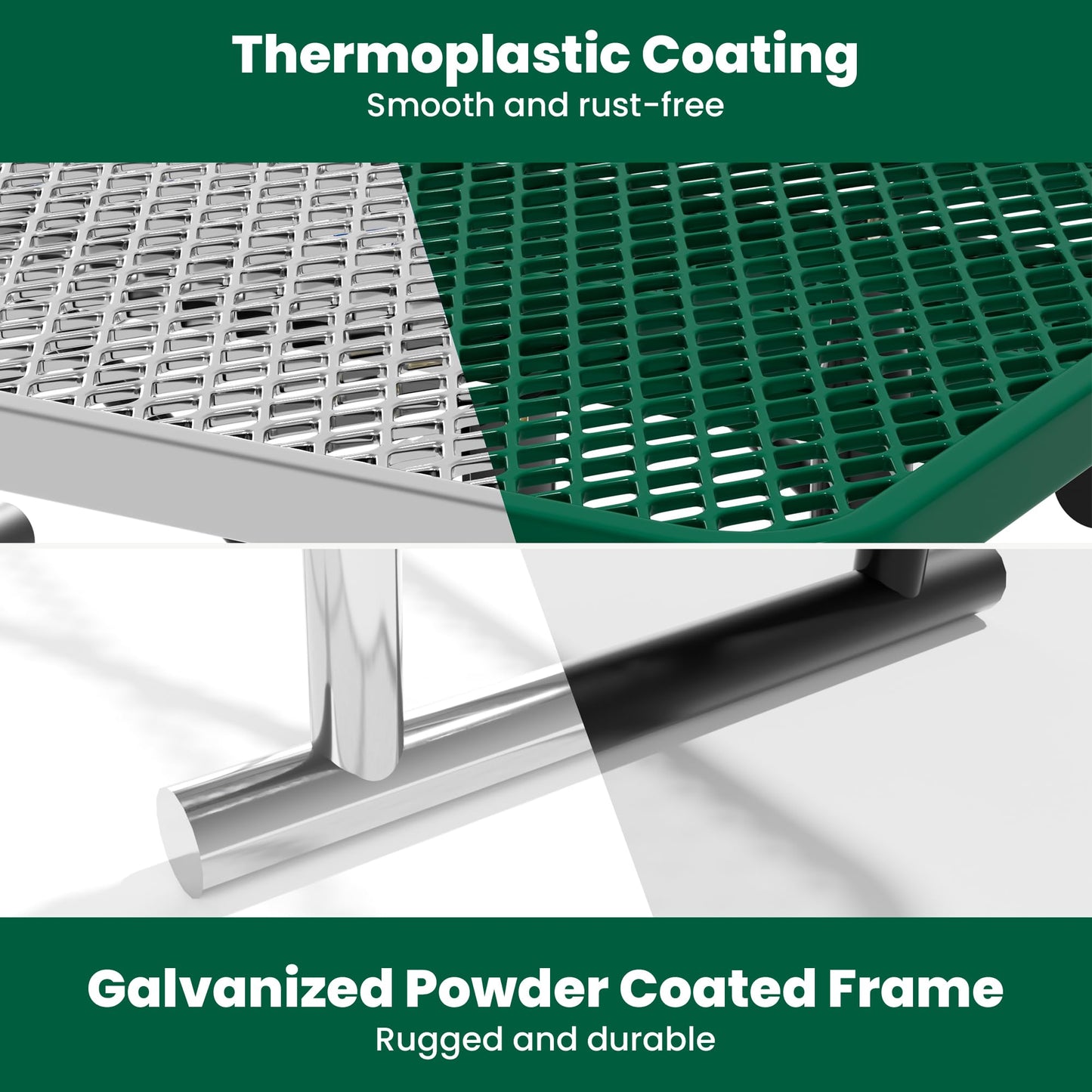 Sunnibety 4FT Metal Picnic Tables for Outdoors, Commercial Rectangular Picnic Table for Outside, Park, Campfield, Patio, Garden, Yard, Thermoplastic Coating, Surface Mounted, Green