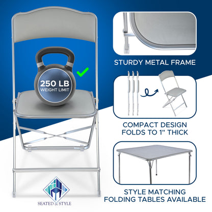 Gold Furnishings Folding Chairs with Padded Seats 4 Pack - Foldable Chair with Heavy-Duty Steel Frame, Elegant Party Bridge Chairs for Outside, Home, Office, Indoor & Outdoor Events - Silver/Grey