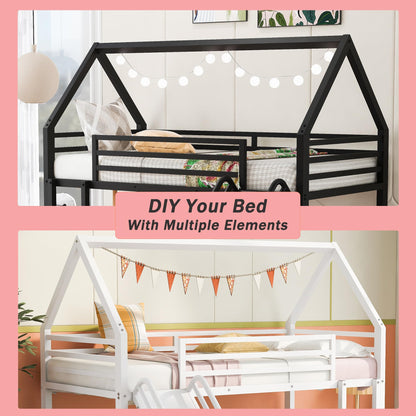 Merax Modern Twin Over Twin Heavy Steel Low Bunk Bed with Ladder and Slide, House Shaped Bunk Bed Frame with Full Lenght Guardrail, No Box Spring Needed, Space-Saving, Black