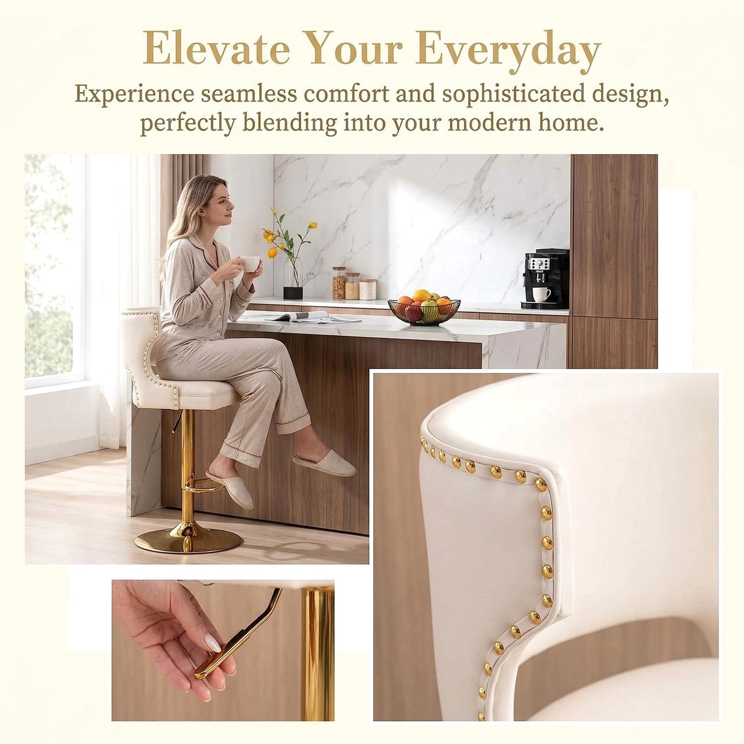 ROCITY Beige Bar Stools Set of 2 Swivel Counter Height Barstools with Back Faux Leather Bar Chairs with Gold Base Adjustable Modern Kitchen Island for Dining Room Home Bar, Rivet Decoration