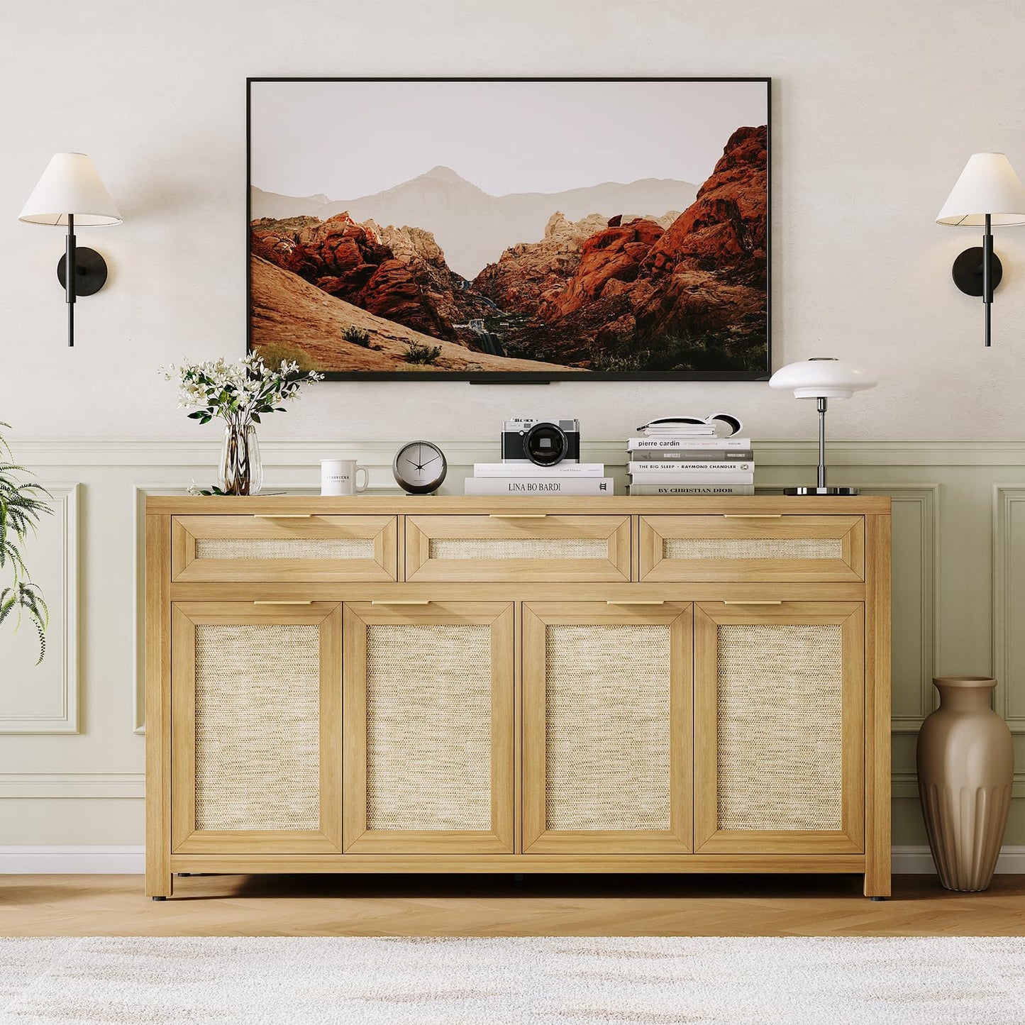IDEALHOUSE Kitchen Sideboard Buffet Cabinet with Storage, 63in Large Farmhouse Wood Coffee Bar Credenza Cabinet with 3 Drawers and 4 Doors Adjustable Shelves for Living Room, Light Oak