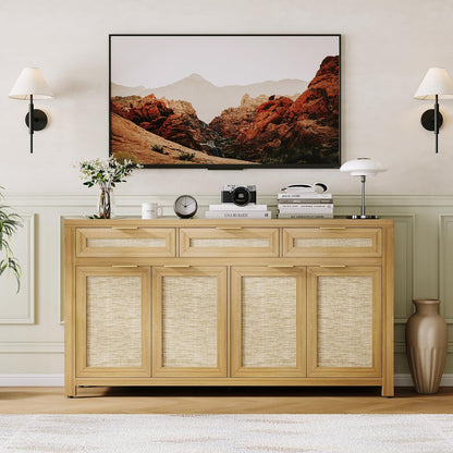 IDEALHOUSE Kitchen Sideboard Buffet Cabinet with Storage, 63in Large Farmhouse Wood Coffee Bar Credenza Cabinet with 3 Drawers and 4 Doors Adjustable Shelves for Living Room, Light Oak