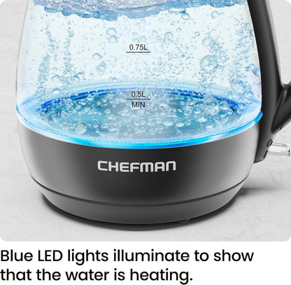 Chefman 1L Electric Tea Kettle with LED Lights, Automatic Shut Off, Removable Lid, Boil-Dry Protection, Electric