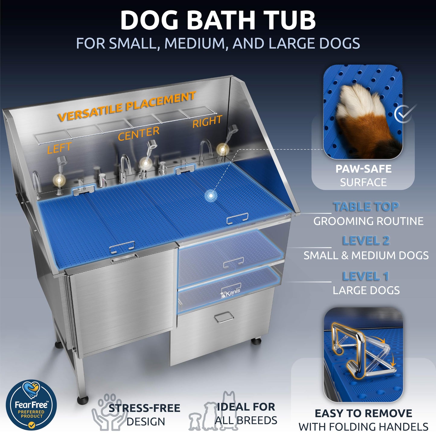 KANIS Professional Dog Washing Station 304 Stainless Steel Pet Wash Sink & Grooming Bathtub w/Shower, Floor Grates and Storage for Large, Medium & Small Pets (Silver, 50 Inches, Left Ramp, 1 Drawer)