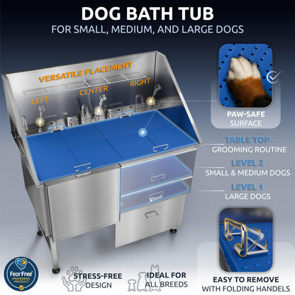 KANIS Professional Dog Washing Station 304 Stainless Steel Pet Wash Sink & Grooming Bathtub w/Shower, Floor Grates and Storage for Large, Medium & Small Pets (Silver, 50 Inches, Left Ramp, 1 Drawer)