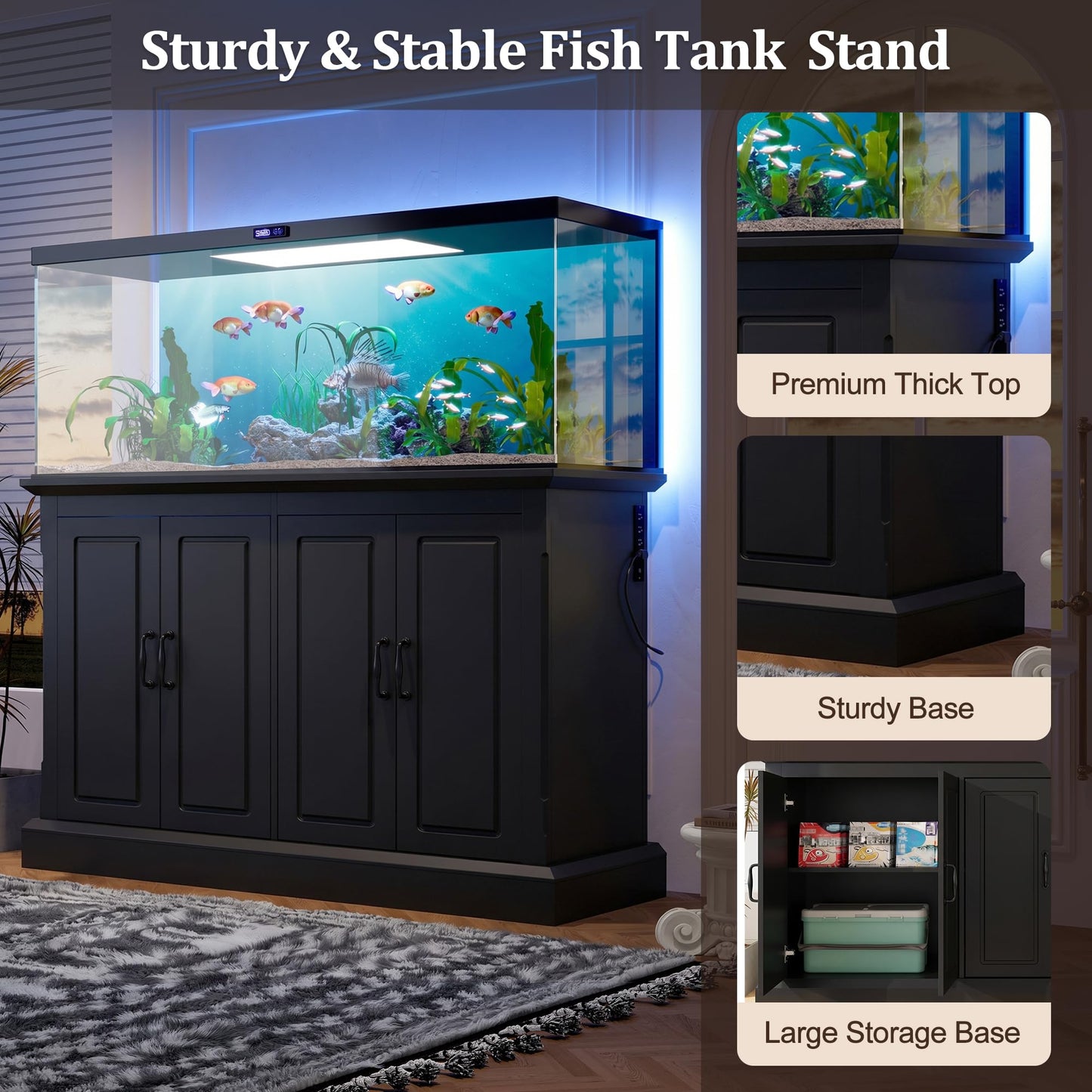 Merax 55-75 Gallon Fish Tank Stand with Power Outlet, Heavy Duty Aquarium Stand with 4 Storage Cabinets, for Fish Tank, Turtle Tank, Reptile Terrarium, Black