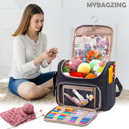 MYBAGZING Crochet Bag Organizer - Quilted Storage Bag with Hanging Hook, Knitting & Yarn Tote for Crochet Accessories, Mother's Day Gift