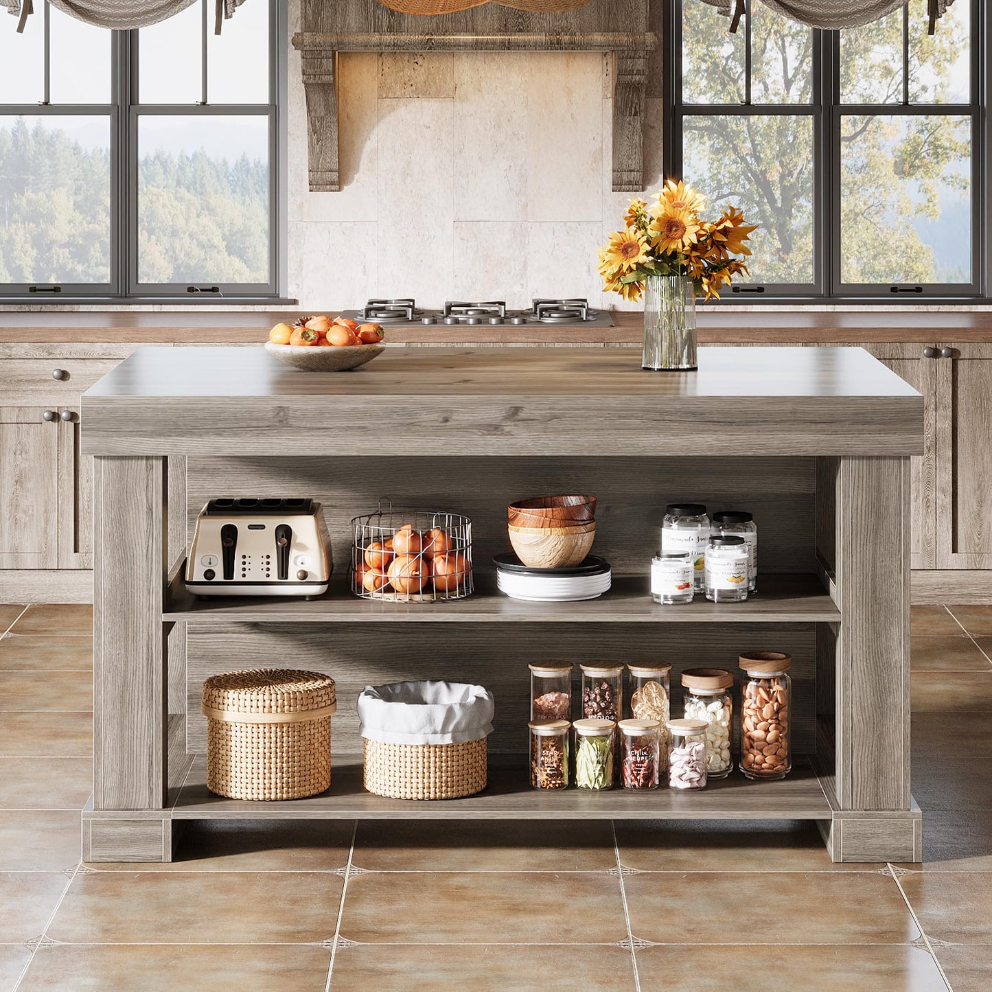 Tribesigns 55" Kitchen Island with Seating and Storage, 3-Tier Farmhouse Wood Stationary Island Table with Large Worktop & Leg Room, Coffee Bar Table with Storage Shelves for Kitchen, Grey