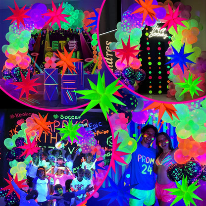 GYIPFIPA UV Neon Balloons, Glow in the Dark Party Supplies Neon Foil Explosion Star Balloon Kit Cone Balloons Glow in the Dark Birthday Decorations for Blacklight Party Decoration