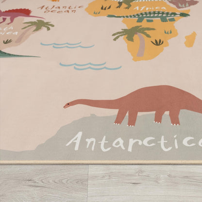 4' 5'3" Paco Home Kids Rug Dinosaurs Play Mat with Educational World Map in Beige, Size: x