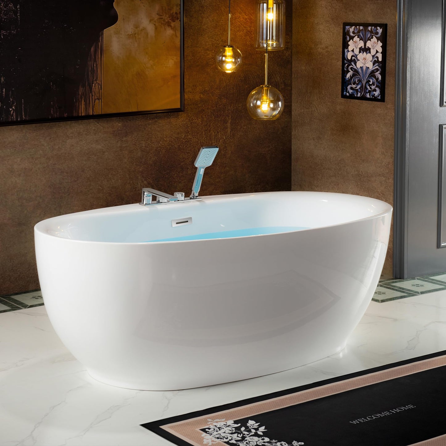 WOODBRIDGE 66" Acrylic Freestanding Bathtub Contemporary Soaking White Tub with Brushed Nickel Overflow & Drain and Faucet,B0027-BN