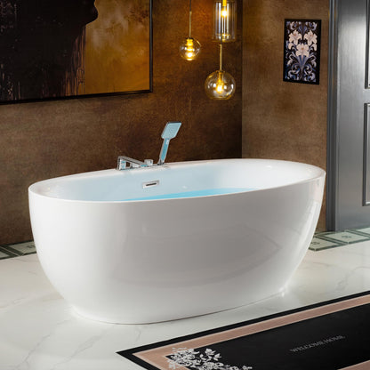 WOODBRIDGE 66" Acrylic Freestanding Bathtub Contemporary Soaking White Tub with Brushed Nickel Overflow & Drain and Faucet,B0027-BN