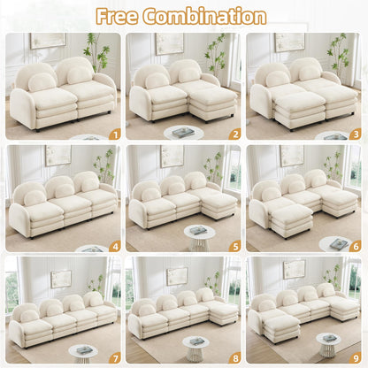 KEIKI 68.5" Chaise Lounges Indoor Modular Loveseat with 2 Ottomans Teddy Fleece, Soft Perfect for Compact Living Room Furniture Space with Space Saving Design and Convertible Modular Use, Beige