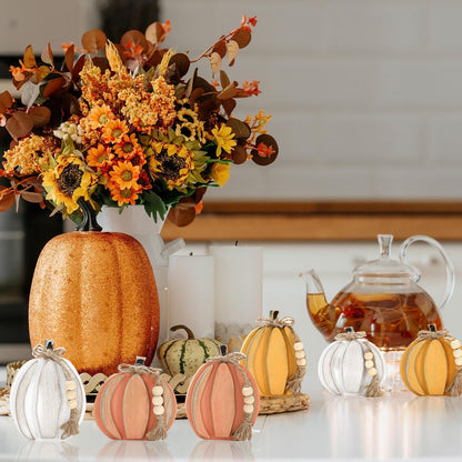 JarThenaAMCS 6 Pcs Fall Wooden Signs 3D Retro Pumpkin Wood Tabletop Signs with Hemp Rope Autumn Harvest Desktop Centerpiece for Thanksgiving Farmhouse Table Tiered Tray Home Kitchen Decor