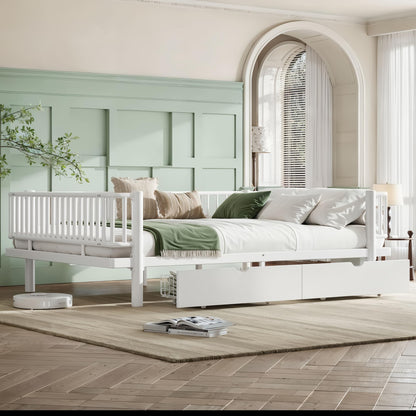 KEIKI Queen Size Metal Platform Bed Frame with 2 Storage Drawers, Modern Daybed with Strong Metal Slats & Upgraded Safety Round-Pipe Design, No Box Spring Needed, Easy Assembly, for Bedroom, White