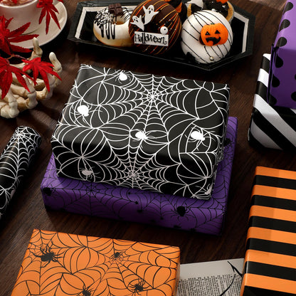 JarThenaAMCS 3 Rolls Halloween Wrapping Paper - Mini Roll - 17 Inch x 16.4 Ft Spiderweb Stripe Dot Gift Wrap Paper Double-Sided Art Paper for DIY Crafts Supplies