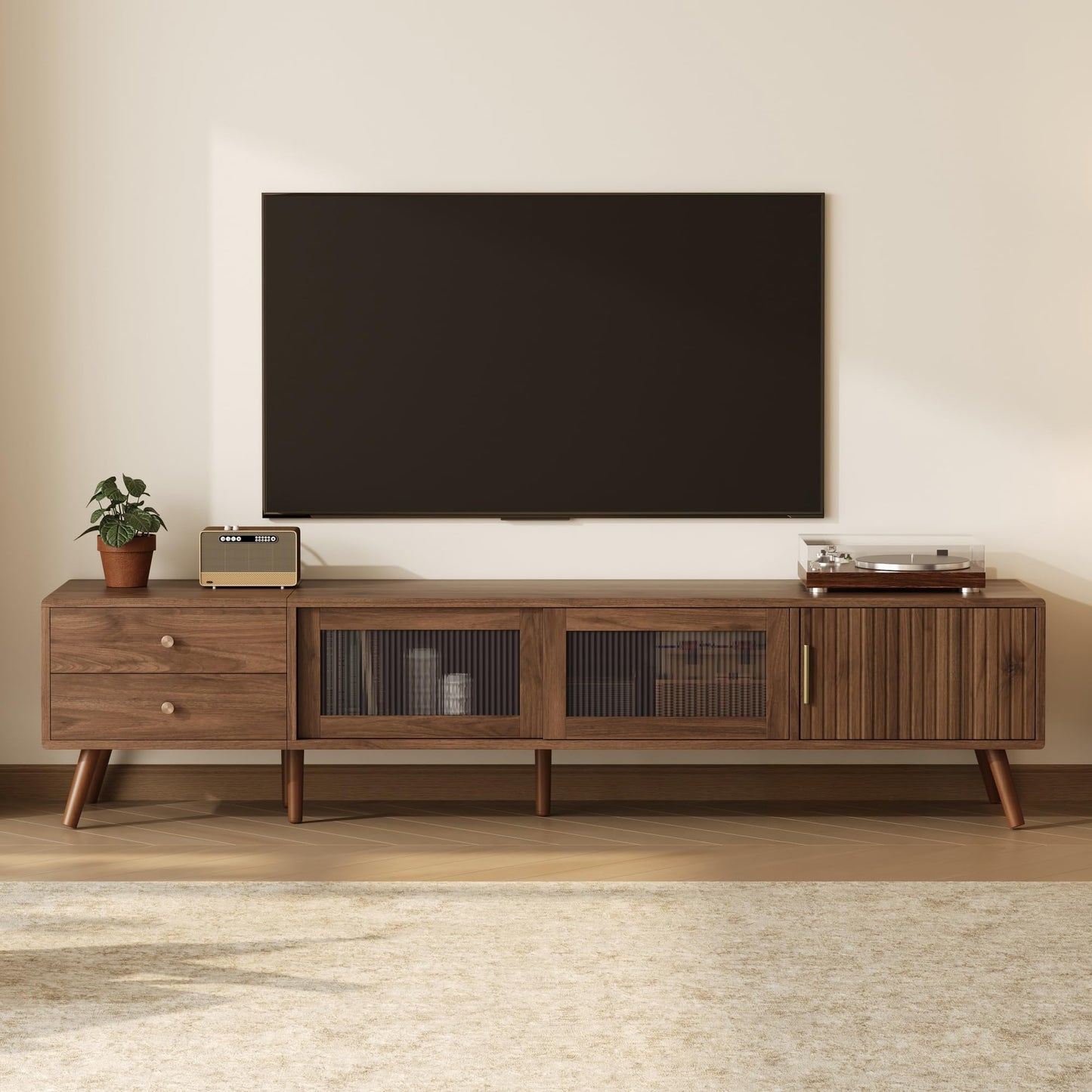 Merax Modern 76 Inch TV Stand for 85 Inch TV, Wood Grain Media Console with Glass Doors, Storage Cabinets & Drawers, Entertainment Center for Living Room Bedroom