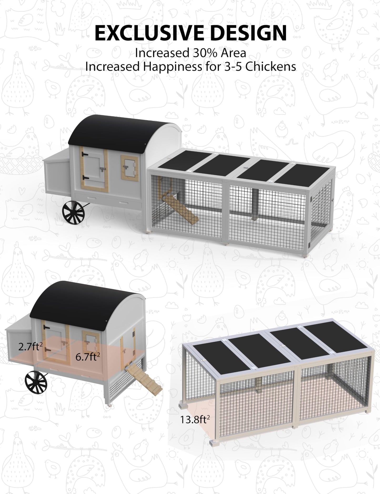 Hipicute Wooden Poultry Cage for 3-5 Chickens, 106in Chicken Coop with Run, Outdoor Hen Coop with Waterproof Roof, Nesting Box, Pull Out Trays and Ramp, White