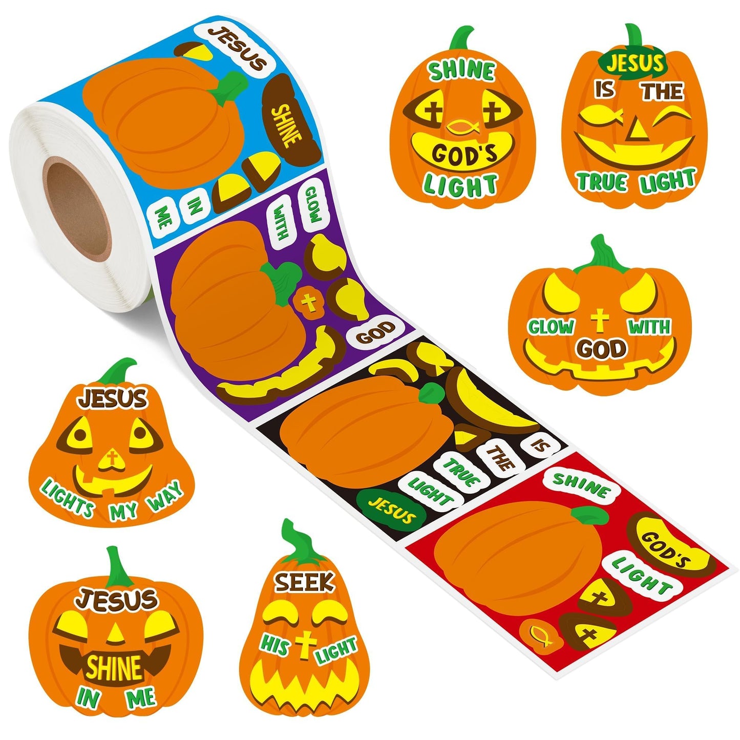Haooryx Pumpkin Religious Sticker Roll - 300Pcs Make A Autumn Halloween Pumpkin Face Stickers Self Adhesive Waterproof Vinyl Water Bottle Page Activity Pad Fall Party Favor Scrapbook DIY Church Event