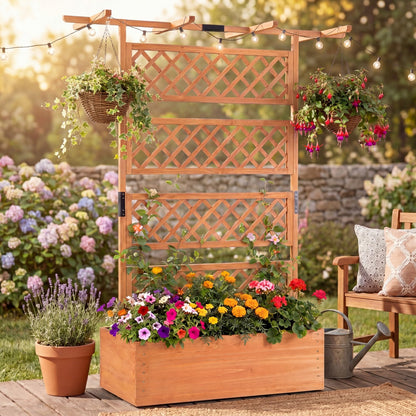COSTWAY Wooden Raised Garden Planter with Trellis and Roof, 72" Freestanding Privacy Screen & Climbing Plant Support for Outdoor Patio, Balcony, Vegetable, Herb, and Flower Gardening (Brown,2)