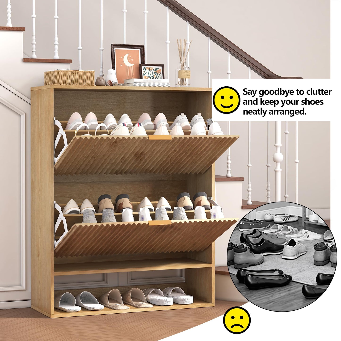 GarveeHome Set of 2 Fluted Shoe Cabinets for Entryway, Slim Freestanding Shoe Storage with Flip Drawers, Open Shelf & Side Hooks, Narrow Shoe Organizer Cabinets for Hallway or Family Entryway, Oak