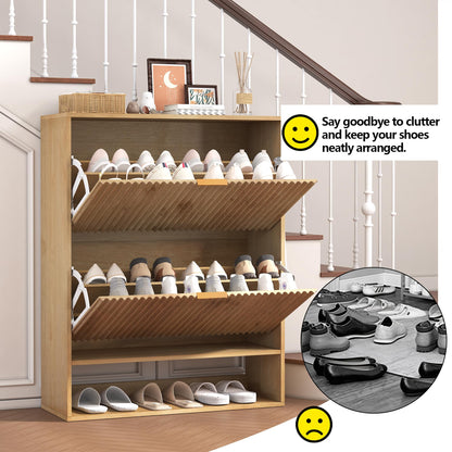 GarveeHome Set of 2 Fluted Shoe Cabinets for Entryway, Slim Freestanding Shoe Storage with Flip Drawers, Open Shelf & Side Hooks, Narrow Shoe Organizer Cabinets for Hallway or Family Entryway, Oak