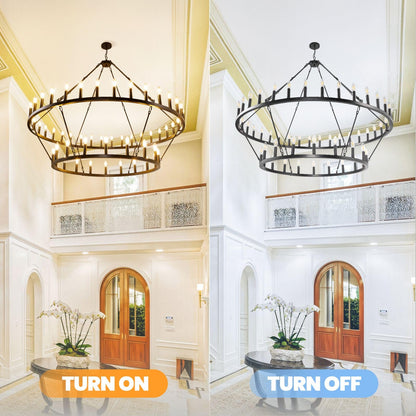 54-Lights 2 Tier Wagon Wheel Chandelier, 60" Large Chandeliers for High Ceilings, Round Black Chandeliers for Dining Room, Farmhouse Foyer Lighting Fixtures, for Living Room, Staircase, Entryway