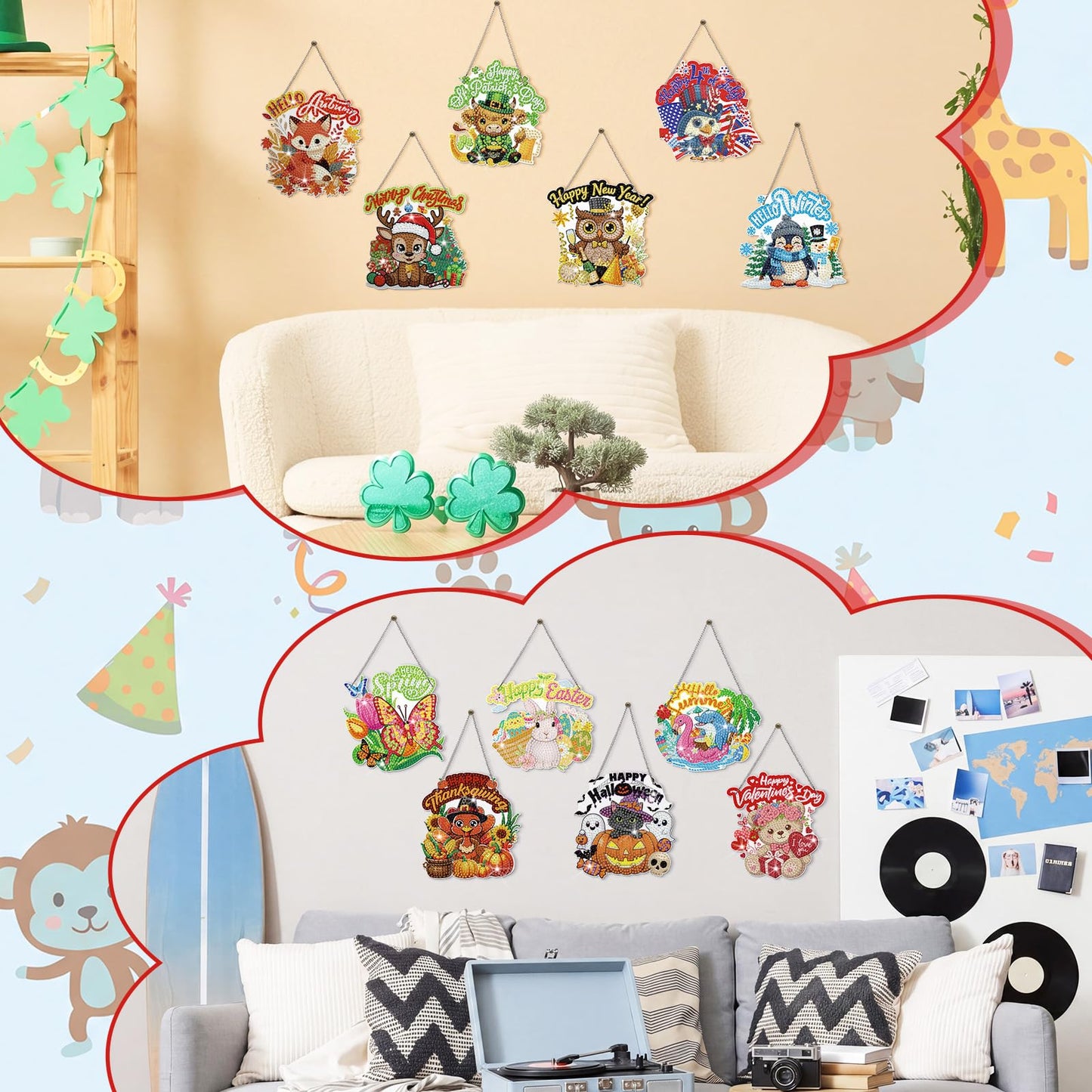 Cinnvoice 12 Pcs Seasonal Diamond Art Wreath Kits Holiday 5d DIY Diamond Painting Signs Germ Hanging Art Ornaments for Wall Door Decorations (Animal)
